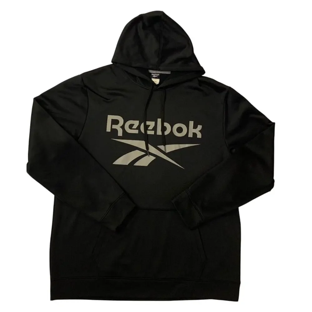 Reebok Mens Black Hooded Sweatshirt Size XXL Big Logo Spellout Gym Hoodie Lounge